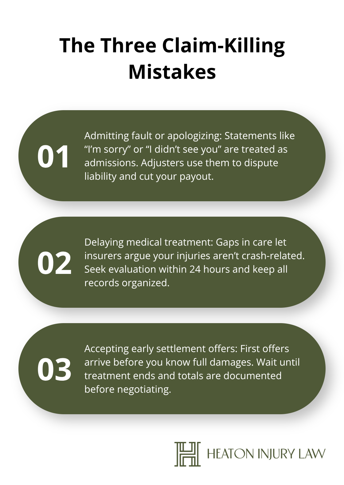 Stylized three-point list explaining the top mistakes that reduce Austin car crash claim value.