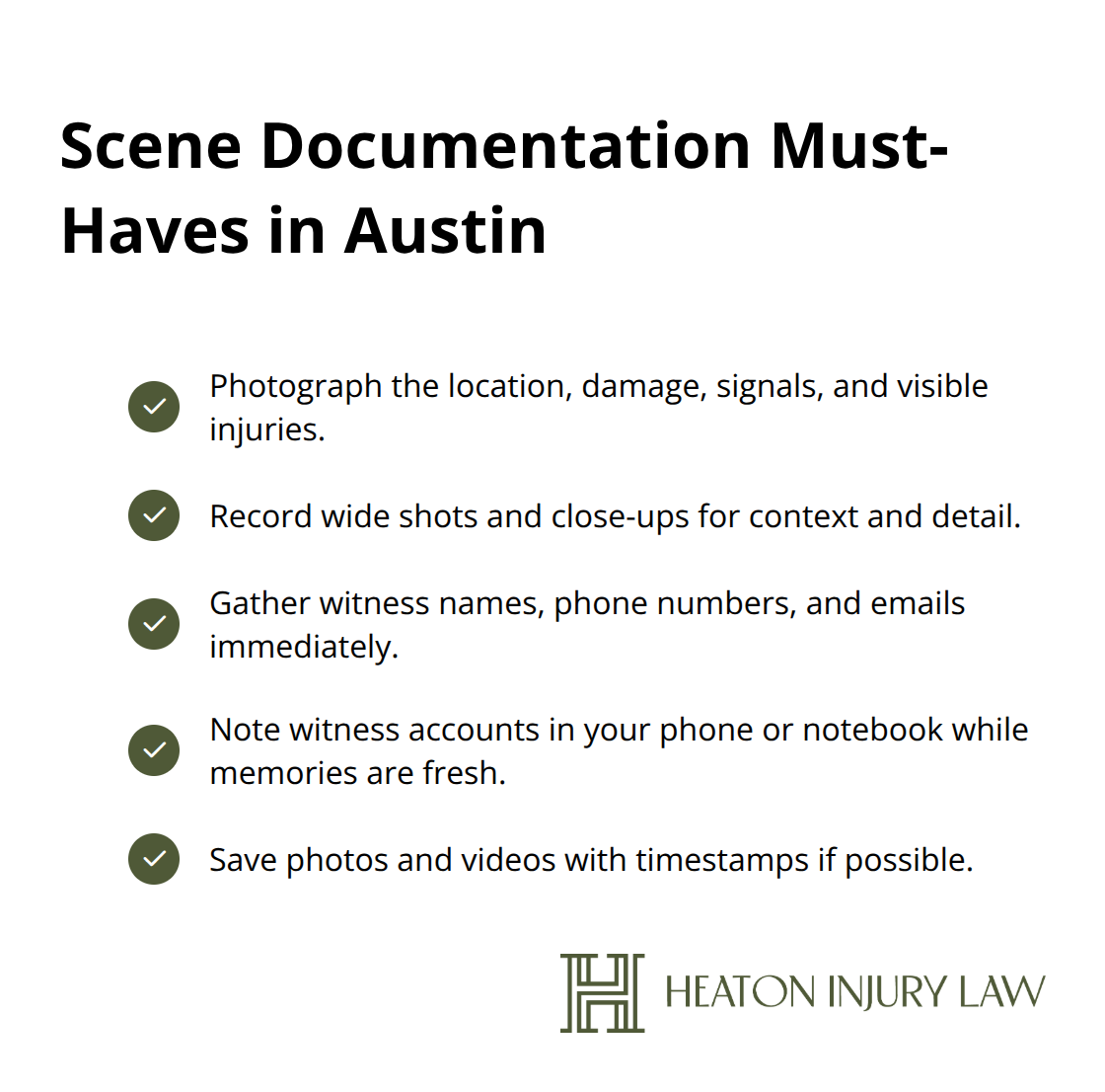 Checklist of what to capture at an Austin injury scene after an accident
