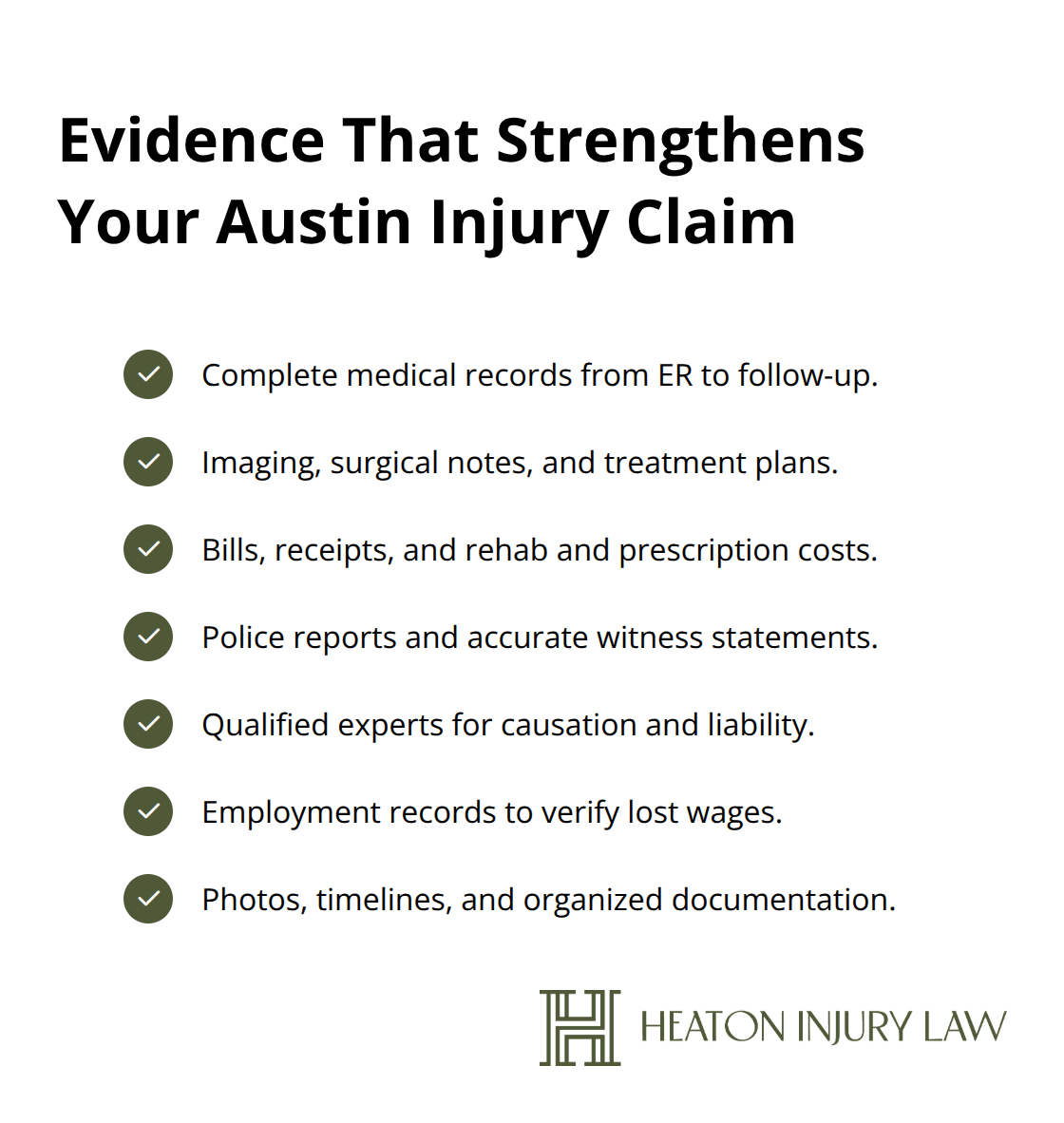 Checklist of key evidence types that strengthen a personal injury claim in Austin, Texas.