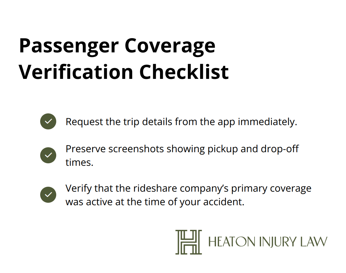 Steps passengers should take to confirm rideshare insurance coverage after an accident in Austin - Austin rideshare accident attorney