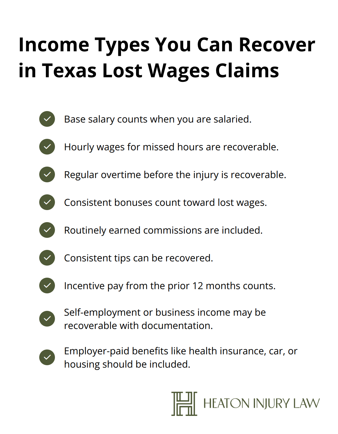 Checklist of income types recoverable in a Texas lost wages claim, including salary, hourly pay, overtime, and more - Lost wages recovery strategies