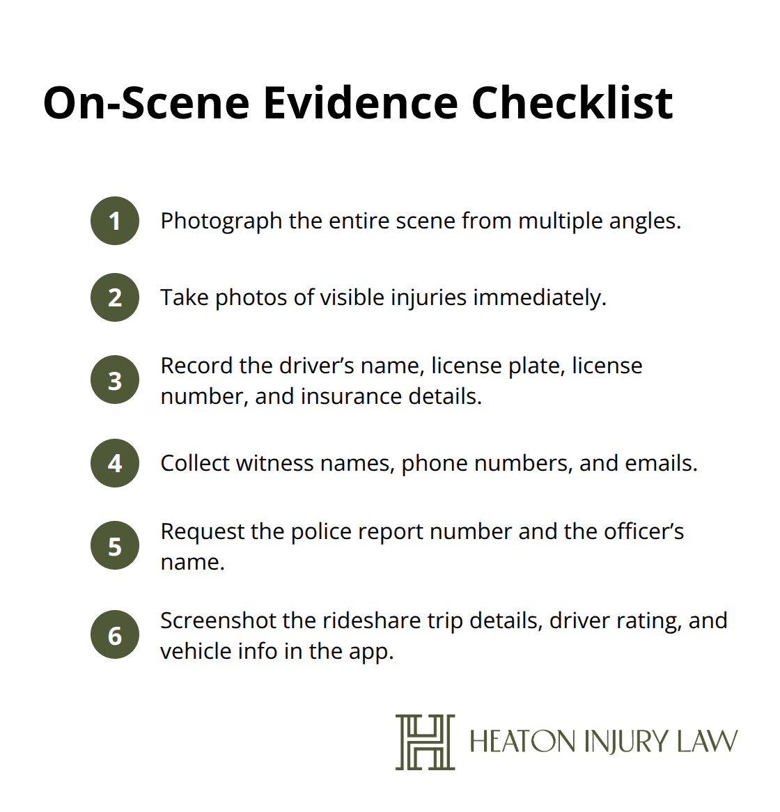 Compact checklist of steps to capture critical evidence right after a rideshare crash