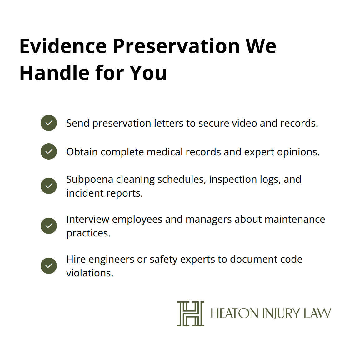 Checkmark list of key evidence-preservation steps in slip-and-fall cases - Slip and fall attorney Austin