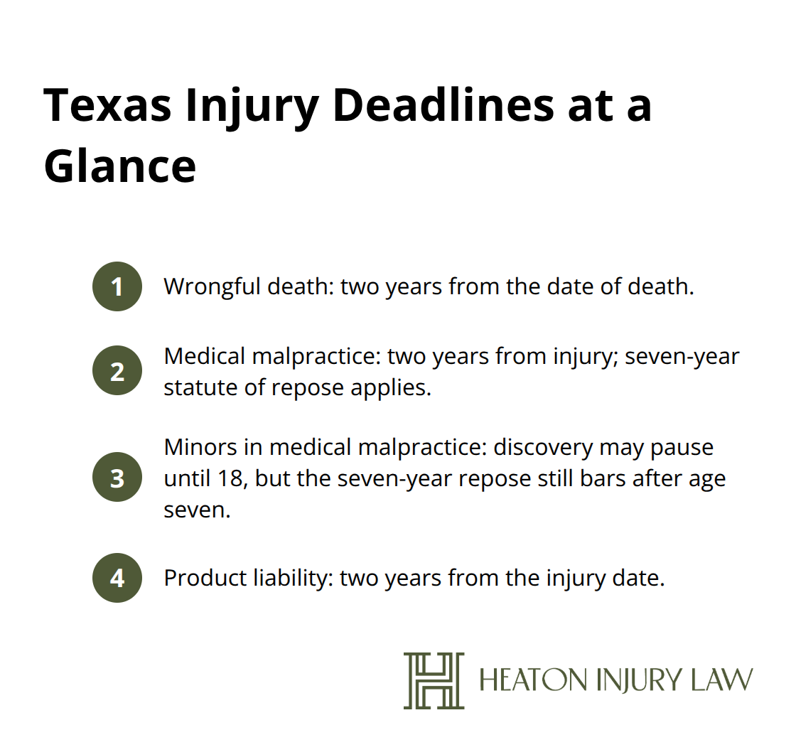 Key Texas personal injury filing deadlines, including wrongful death, medical malpractice with repose, minors, and product liability.