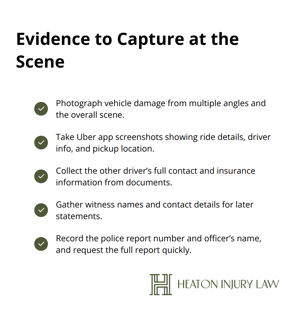 Checklist for securing crash evidence in an Uber accident - Uber rideshare injury Austin